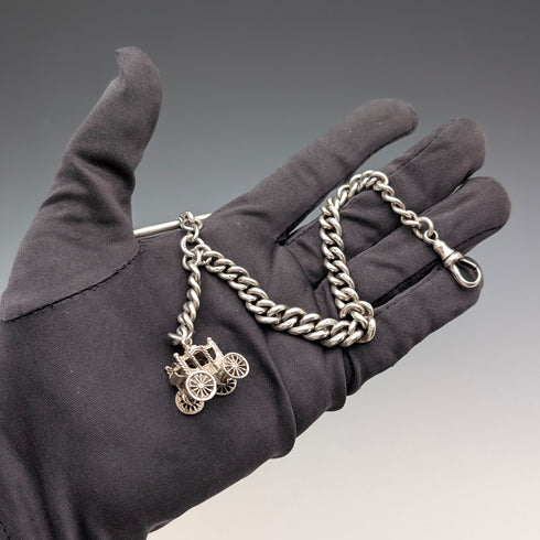 1891年 英國古董 純銀製阿爾伯特鍊 39g 馬車造型懷錶墜