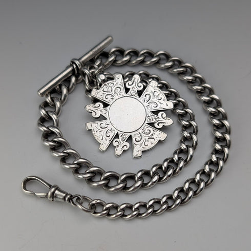 1894 British Antique Sterling Silver Albert Chain, 60g, with Sterling Silver Medal Fob
