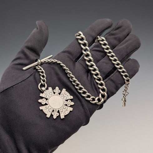 1894 British Antique Sterling Silver Albert Chain, 60g, with Sterling Silver Medal Fob