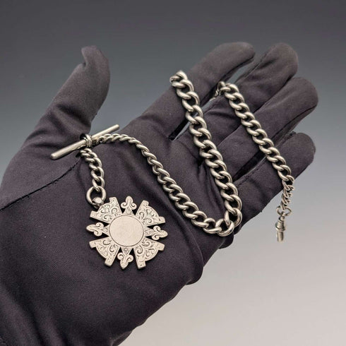 1894年 英国アンティーク 純銀製アルバートチェーン 60g 純銀メダルフォブ