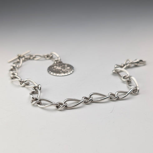 1888 British Antique Sterling Silver Albert Chain, Fancy Link, 42g, with St. Christopher Sterling Silver Medal Fob.