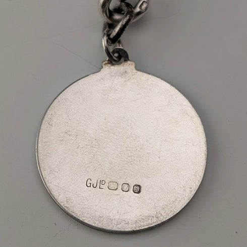 1888 British Antique Sterling Silver Albert Chain, Fancy Link, 42g, with St. Christopher Sterling Silver Medal Fob.