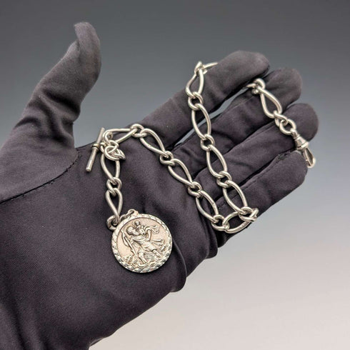 1888年 英国アンティーク 純銀製アルバートチェーン ファンシーリンク 42g 聖クリストファー純銀メダルフォブ