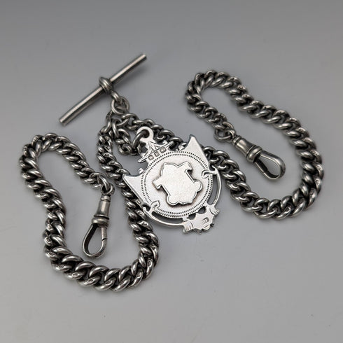 1919 British Antique Sterling Silver Double Albert Chain 59g Sterling Silver Medal Fob