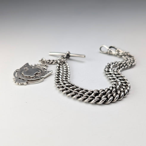 1919 British Antique Sterling Silver Double Albert Chain 59g Sterling Silver Medal Fob