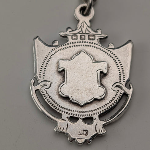1919 British Antique Sterling Silver Double Albert Chain 59g Sterling Silver Medal Fob