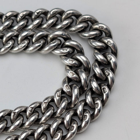 1919 British Antique Sterling Silver Double Albert Chain 59g Sterling Silver Medal Fob