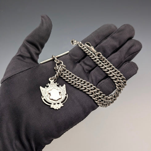 1919 British Antique Sterling Silver Double Albert Chain 59g Sterling Silver Medal Fob