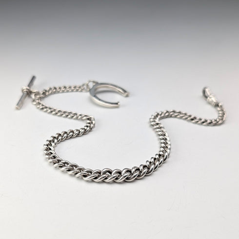 1900 Antique British Sterling Silver Albert Chain, 36g, with Sterling Silver Horseshoe FOB.
