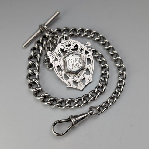 1912 Antique British Sterling Silver Albert Chain, 32g, with Sterling Silver Medal Fob