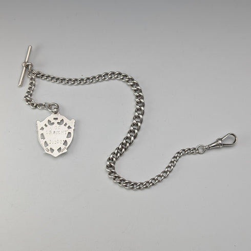 1912 Antique British Sterling Silver Albert Chain, 32g, with Sterling Silver Medal Fob