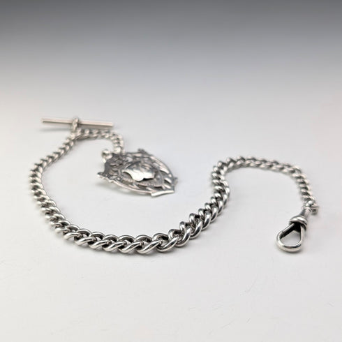 1912 Antique British Sterling Silver Albert Chain, 32g, with Sterling Silver Medal Fob