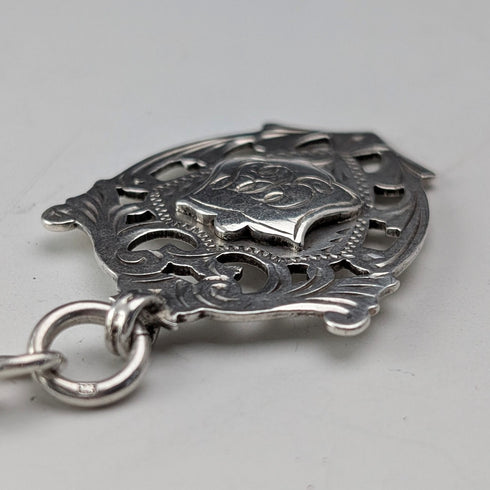 1912 Antique British Sterling Silver Albert Chain, 32g, with Sterling Silver Medal Fob