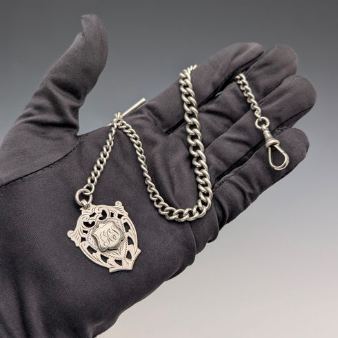 1912 Antique British Sterling Silver Albert Chain, 32g, with Sterling Silver Medal Fob