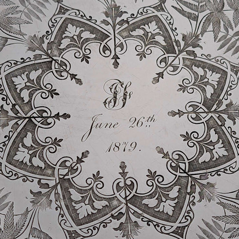 1879年 英國古董 銀器製 腳座托盤 直徑30cm Benjamin W Ramsden