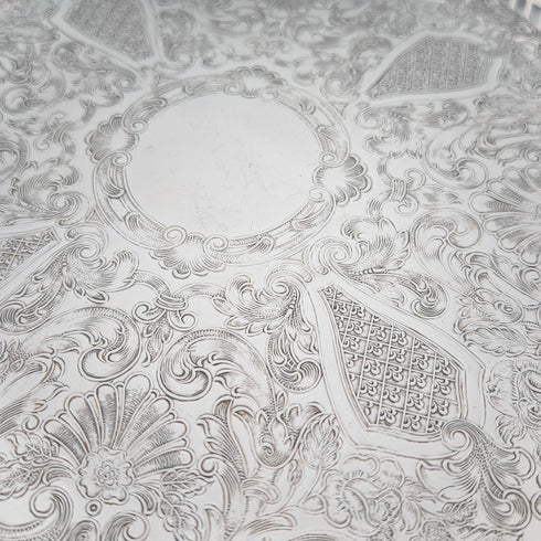 ヴィンテージ シルバープレート製 丸型 小型ギャラリートレイ 直径30cm Primrose E.P. Brass