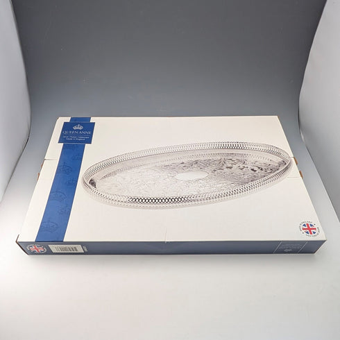 英国ヴィンテージ シルバープレート製 オーバル型 大型ギャラリートレイ 幅39cm Queen Anne 未使用品