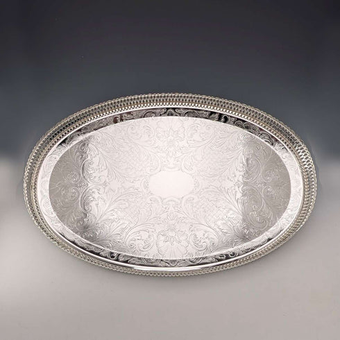 英國復古 銀鍍層 橢圓形 大型畫廊托盤 寬39cm Queen Anne 未使用品