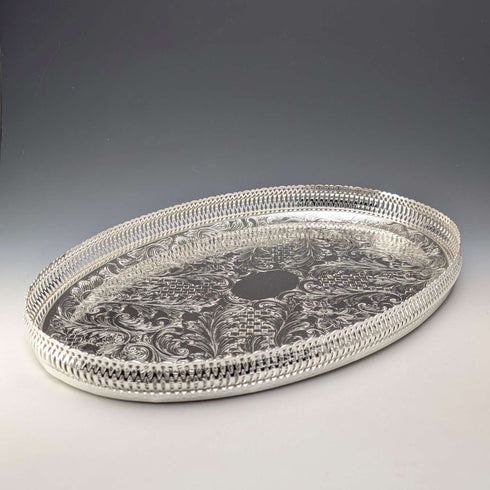 英國復古 銀鍍層 橢圓形 大型畫廊托盤 寬39cm Queen Anne 未使用品