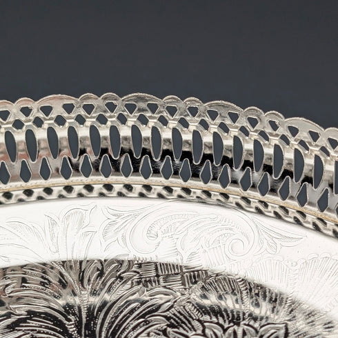 英国ヴィンテージ シルバープレート製 オーバル型 大型ギャラリートレイ 幅39cm Queen Anne 未使用品