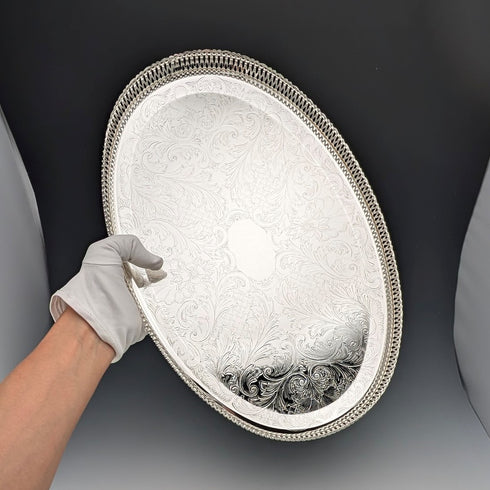 英国ヴィンテージ シルバープレート製 オーバル型 大型ギャラリートレイ 幅39cm Queen Anne 未使用品