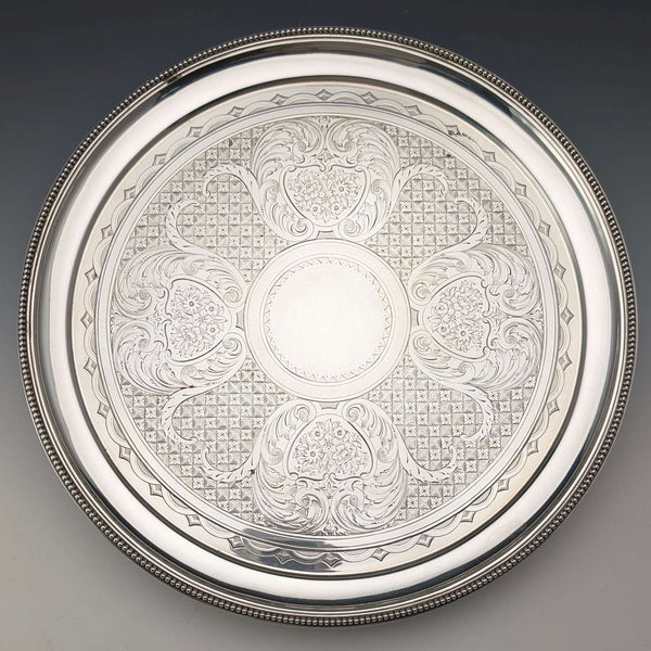 1890年 英国アンティーク 純銀製 脚付きサルヴァ カードトレイ直径26cm 517g Elkington