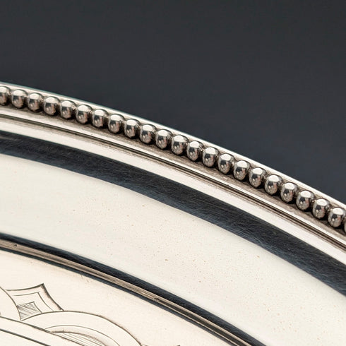 1890年 英國古董 純銀製 腳座托盤 卡片托盤直徑26cm 517g Elkington