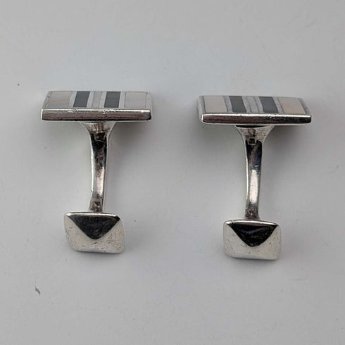 Vintage Sterling Silver White Mother-of-Pearl & Onyx Striped Design Cufflinks
