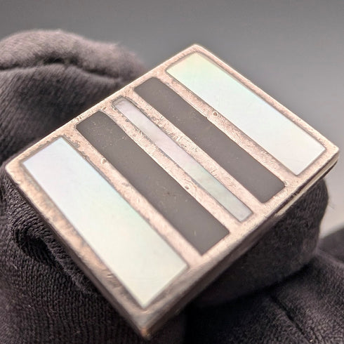 ヴィンテージ 純銀製 白蝶貝&オニキス ストライプデザイン カフリンクス カフスボタン