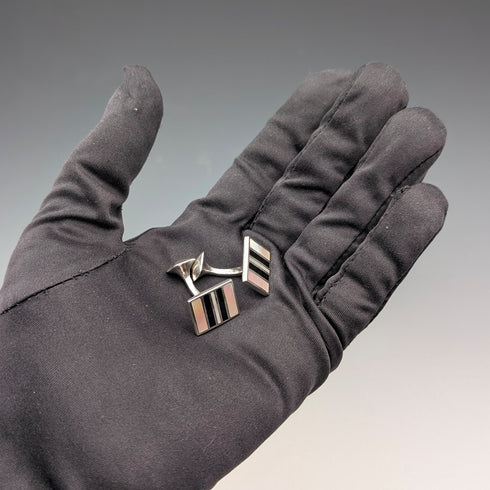 ヴィンテージ 純銀製 白蝶貝&オニキス ストライプデザイン カフリンクス カフスボタン