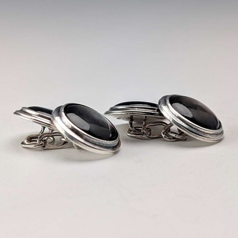 British Vintage Sterling Silver Black Mother-of-Pearl Cufflinks Asprey