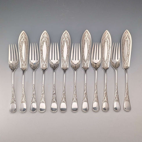Pair of 6 antique silver-plated fish cutlery sets, circa 1900, Allen & Darwin, England.