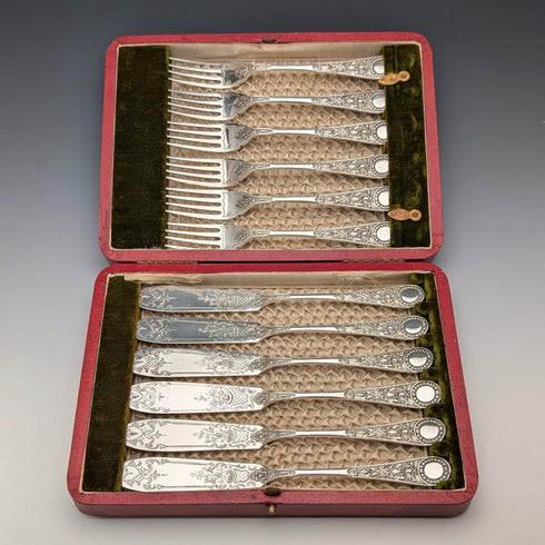 Antique English Silver Plate Fish Cutlery, 6 pairs, circa 1905, James Dixon & Sons, in a wooden box.