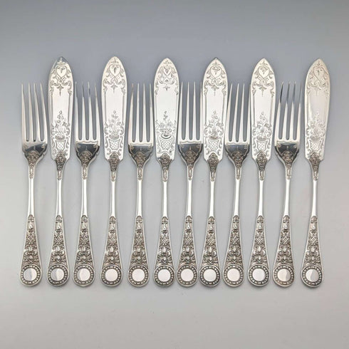 Antique English Silver Plate Fish Cutlery, 6 pairs, circa 1905, James Dixon & Sons, in a wooden box.