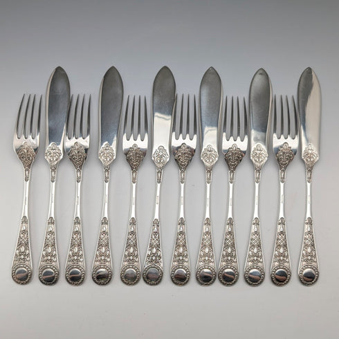 Antique English Silver Plate Fish Cutlery, 6 pairs, circa 1905, James Dixon & Sons, in a wooden box.