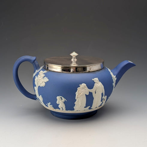 英国アンティーク ウェッジウッド ティーポット ジャスパーウェア ロイヤルブルー 金属蓋