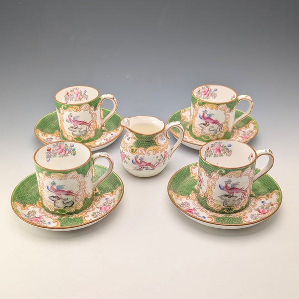 Early 20th Century Minton (England) Cockatoo Green Demitasse Cups & Saucers, 4-piece Set & Cream Jug