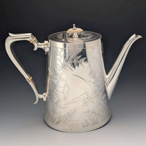 19世紀後半 英国アンティーク シルバープレート製 ジャポニズム装飾 コーヒーポット Johnson&Co