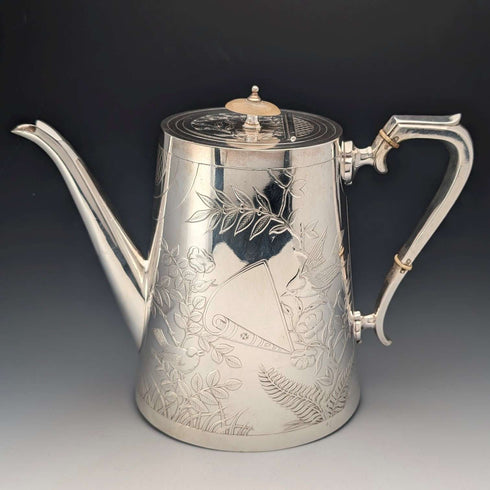 19世紀後半 英国アンティーク シルバープレート製 ジャポニズム装飾 コーヒーポット Johnson&Co