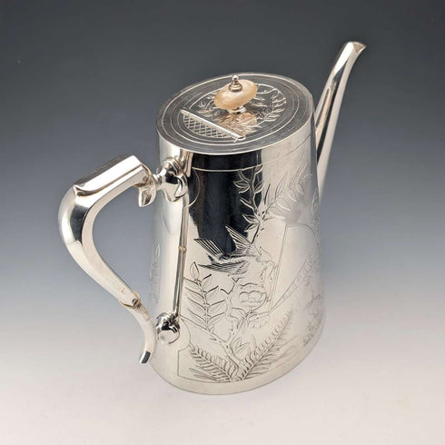 19世紀後半 英国アンティーク シルバープレート製 ジャポニズム装飾 コーヒーポット Johnson&Co