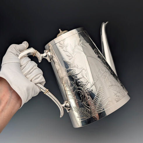 【On Hold】Late 19th Century British Antique Silver Plate Japonism Decor Coffee Pot Johnson&Co