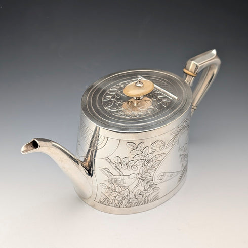 19世紀後半 英国アンティーク シルバープレート製 ジャポニズム装飾 ティーポット Johnson&Co