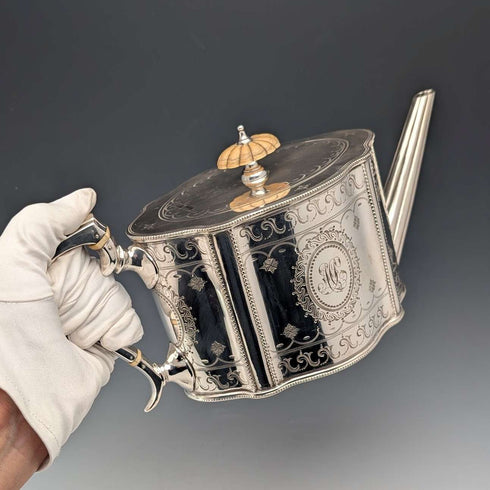 1870年左右 英國古董 鍍銀 鼓型茶壺 W&G Sissons