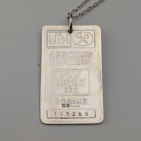 1981年 英国 純銀製 薄型インゴットペンダント純銀ネックレス付 計6g
