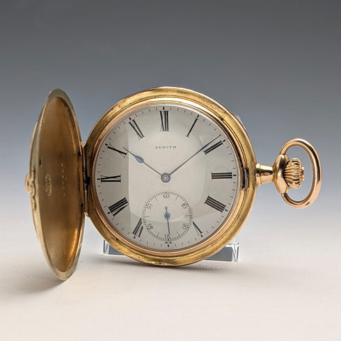 Zenith pocket watch, circa 1913, with dragon relief carving, 18k gold hunter case, in good working order.