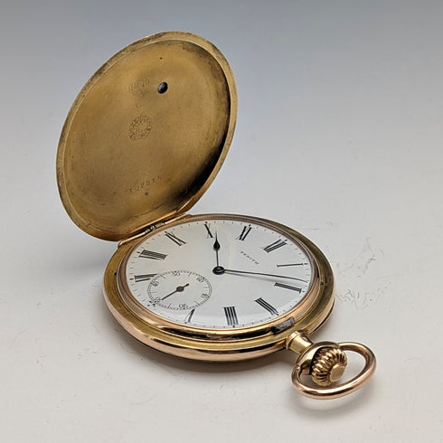 Zenith pocket watch, circa 1913, with dragon relief carving, 18k gold hunter case, in good working order.