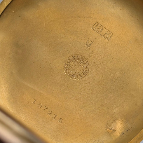 Zenith pocket watch, circa 1913, with dragon relief carving, 18k gold hunter case, in good working order.