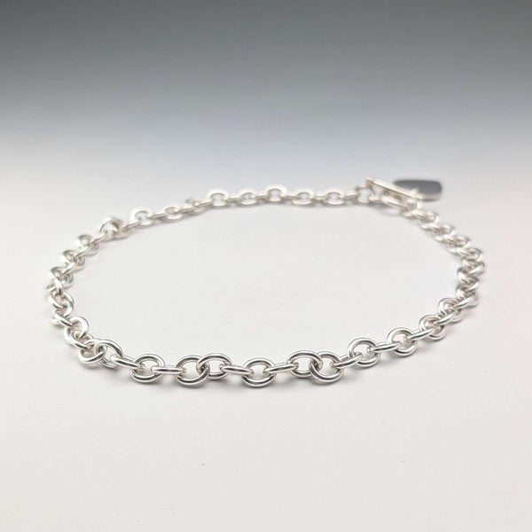British Vintage Sterling Silver Donut Chain Necklace with Heart Charm, 45cm, 60g