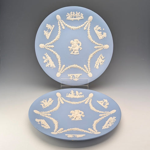 英国ヴィンテージ ウェッジウッド 天使 ジャスパーウェア製 プレートペア 直径22cm ペールブルー②