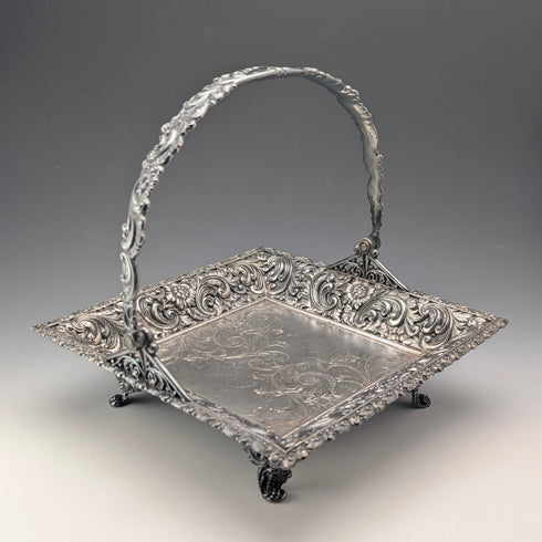 Antique American Britannia Metal Basket with Movable Handle and Legs, MERIDEN BRITANNIA